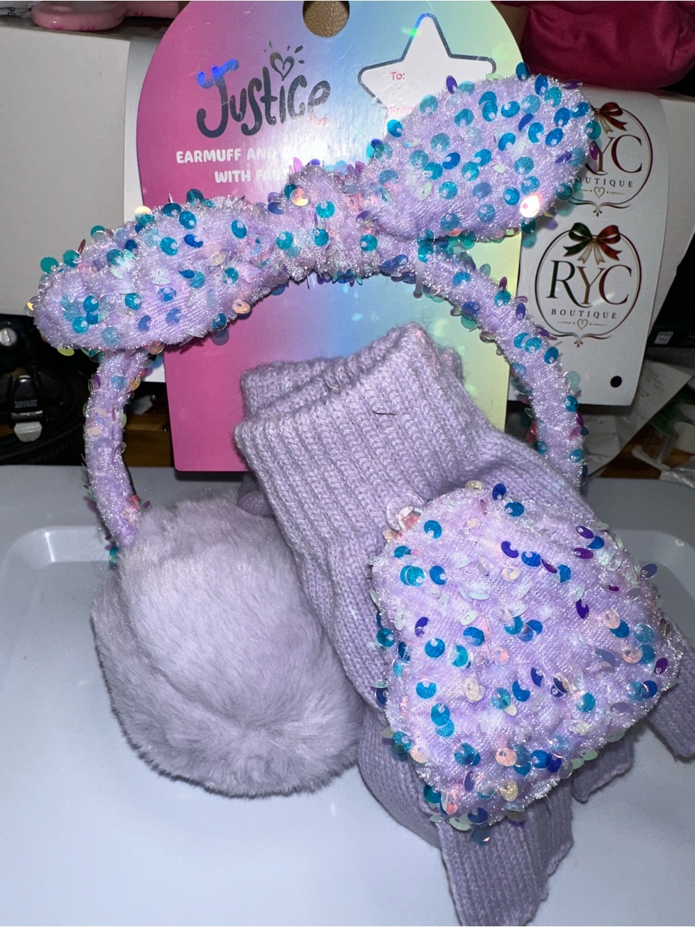 Justice Lilac Sequin Earmuffs and Matching Gloves Set